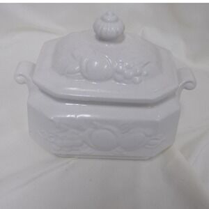 White Ceramic Octagonal Lidded Sugar Bowl Embossed Fruit Design with Spoon Notch